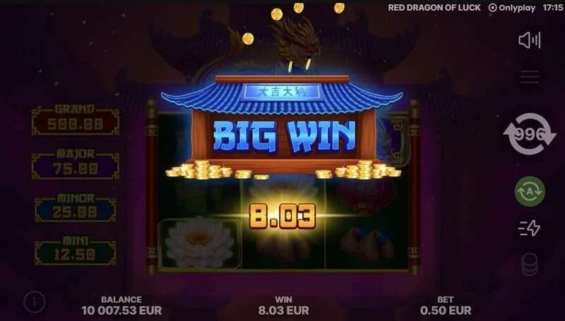 Red Dragon of Luck - hoofdscherm met 3x3 raster en rode draak